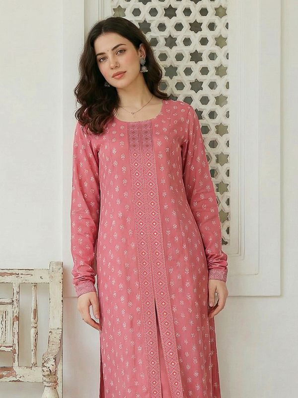 Globus Women Pink Round Neck Ethnic Floral Print Front Slit A-Line Flared Hem Kurta with Wide Leg Pants Set