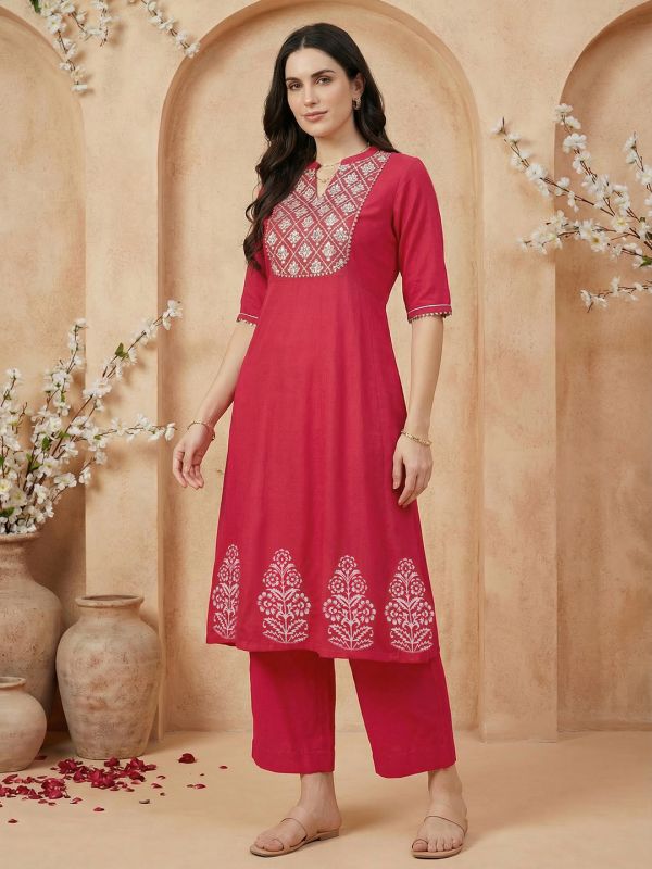 Globus Women Red Mandarin Collar Embroidered Yoke Mirror Work Gotta Patti A-Line Flared Hem Kurta with Wide Leg Pants Set