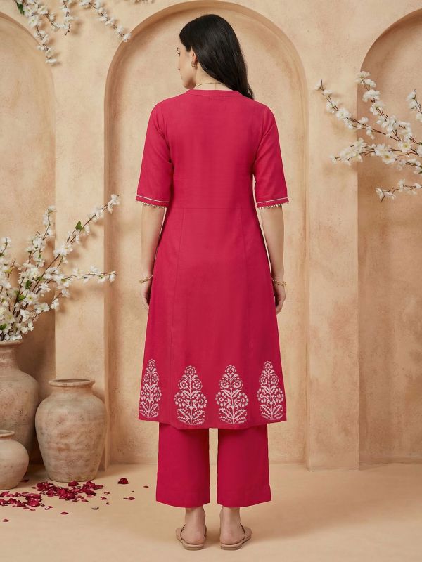Globus Women Red Mandarin Collar Embroidered Yoke Mirror Work Gotta Patti A-Line Flared Hem Kurta with Wide Leg Pants Set