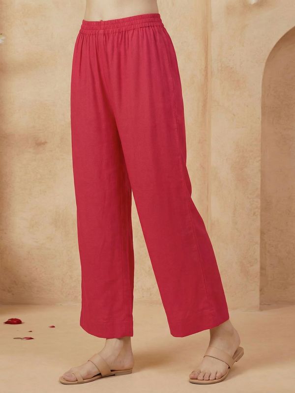Globus Women Red Mandarin Collar Embroidered Yoke Mirror Work Gotta Patti A-Line Flared Hem Kurta with Wide Leg Pants Set