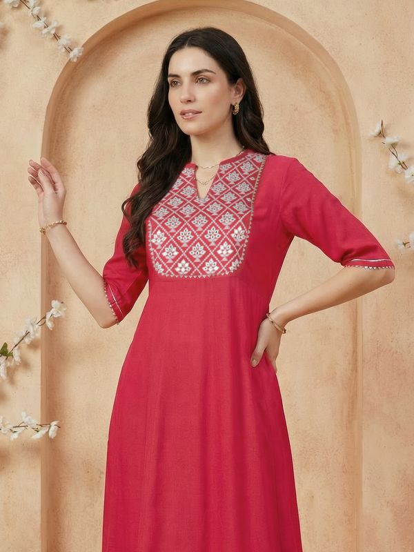 Globus Women Red Mandarin Collar Embroidered Yoke Mirror Work Gotta Patti A-Line Flared Hem Kurta with Wide Leg Pants Set