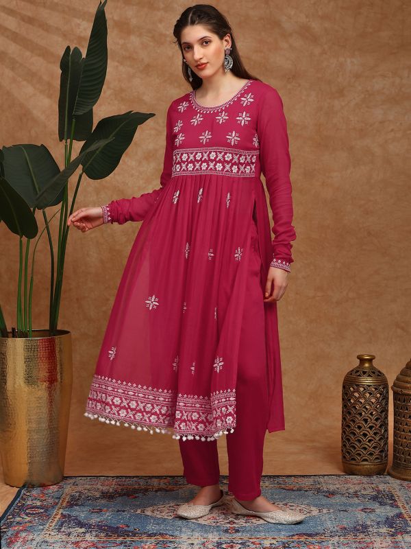 Globus Women Red Floral Embroidered Pleated High-Slit Pom Pom Hem A-Line Kurta & Pants Festive Set