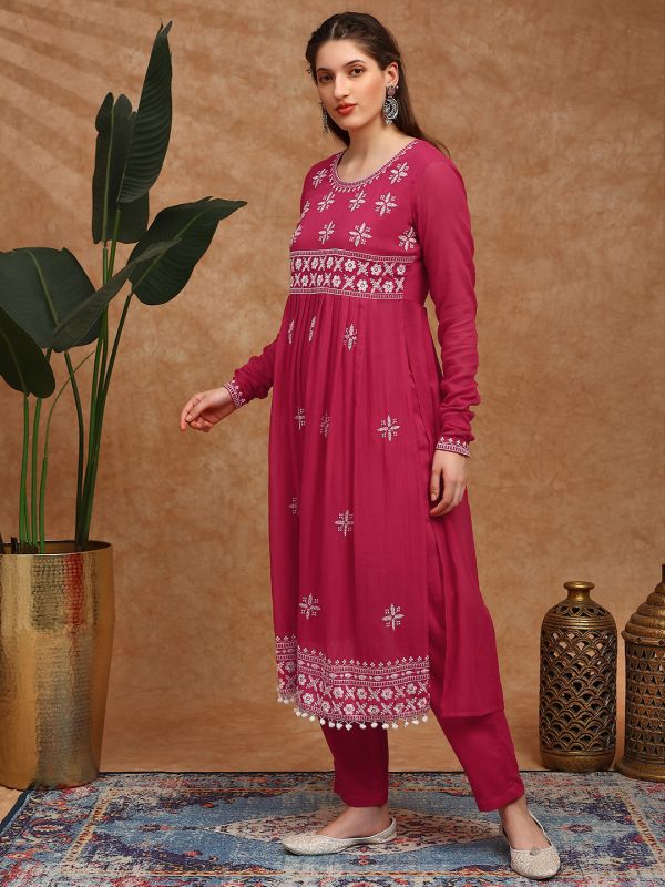 Globus Women Red Floral Embroidered Pleated High-Slit Pom Pom Hem A-Line Kurta & Pants Festive Set