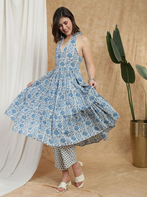 Globus Women Blue Allover Floral Print Tie-Back Halter Neck Lace Detail Pleated Flared Hem Kurta & Straight Pant Set