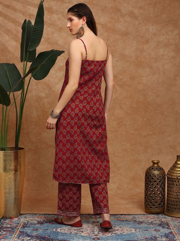 Globus Women Maroon Square Neck Strappy Shoulder Floral Print Gotta Lace Straight Kurta With Wide Leg Pants Fusion Set