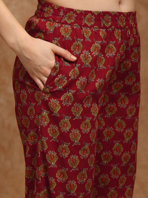 Globus Women Maroon Square Neck Strappy Shoulder Floral Print Gotta Lace Straight Kurta With Wide Leg Pants Fusion Set