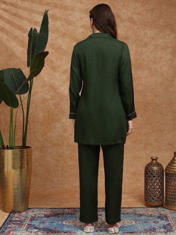 Globus Women Olive Cuban Collar Cuffed Sleeves Embroidered Detail Pockets Shirt Style Tunic & Trousers Co-Ord Set