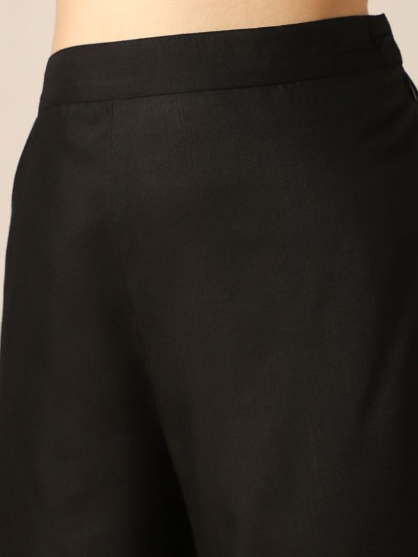 Globus Women Black Shirt Collar Bishop Sleeve Top & Trousers Co-Ord Set 