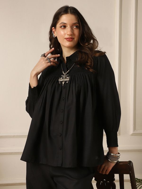 Globus Women Black Shirt Collar Bishop Sleeve Top & Trousers Co-Ord Set 