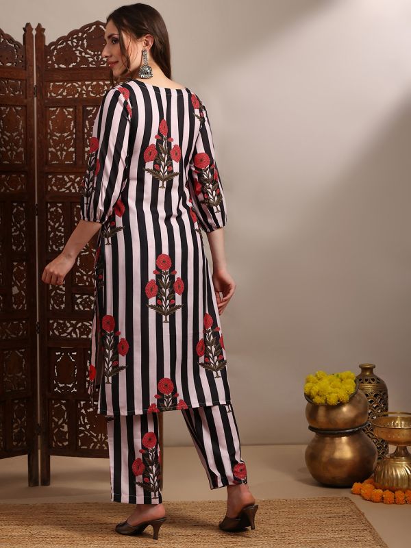 Globus Women Black V-Neck Bishop Sleeves Striped Floral Print Straight Kurta With Pants Set