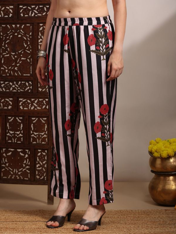 Globus Women Black V-Neck Bishop Sleeves Striped Floral Print Straight Kurta With Pants Set