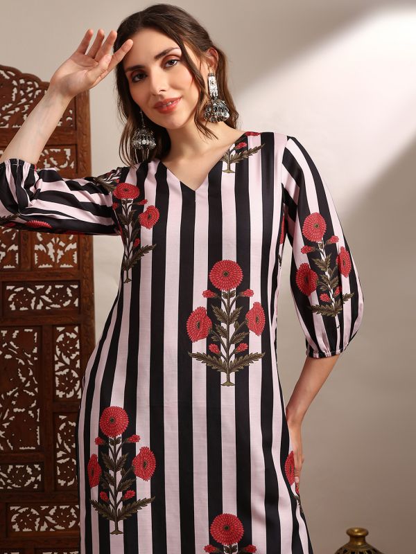 Globus Women Black V-Neck Bishop Sleeves Striped Floral Print Straight Kurta With Pants Set