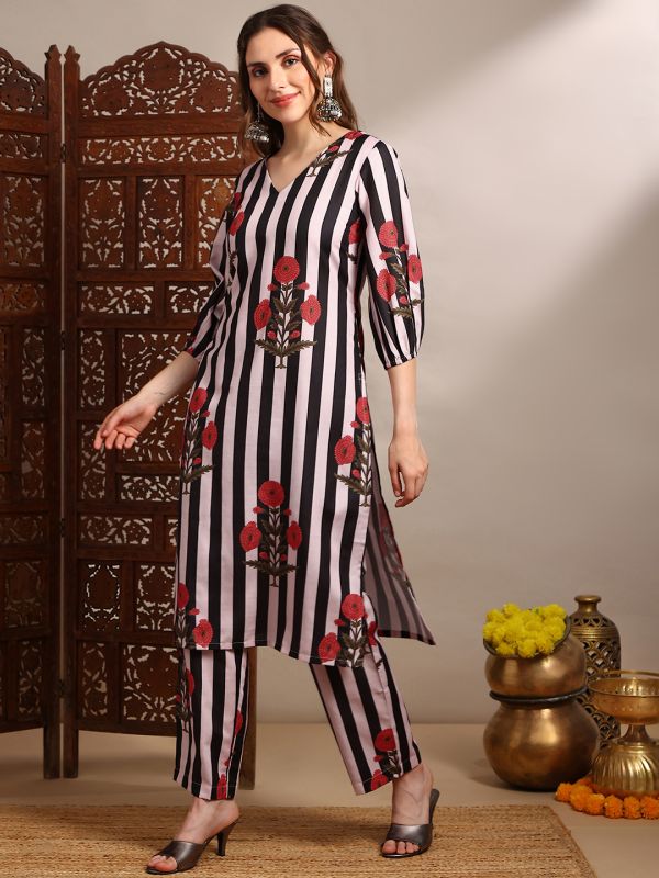Globus Women Black V-Neck Bishop Sleeves Striped Floral Print Straight Kurta With Pants Set