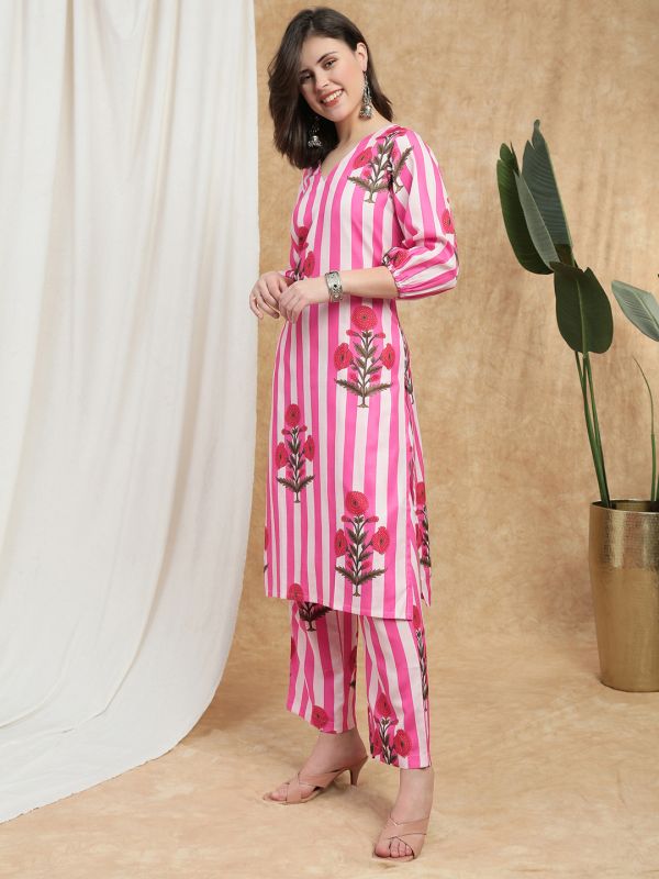 Globus Women Pink Floral Stripes Print Bishop Sleeves Straight Kurta & Pant Set