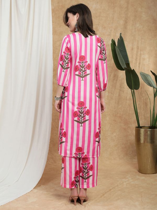 Globus Women Pink Floral Stripes Print Bishop Sleeves Straight Kurta & Pant Set