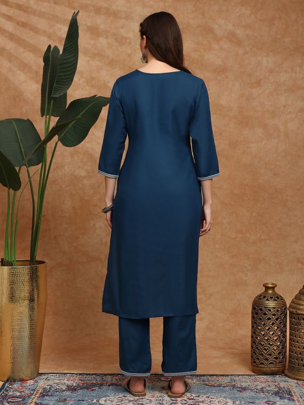 Globus Women Blue V-Neck Floral Embroidered Straight Kurta With Wide Leg Pants Set