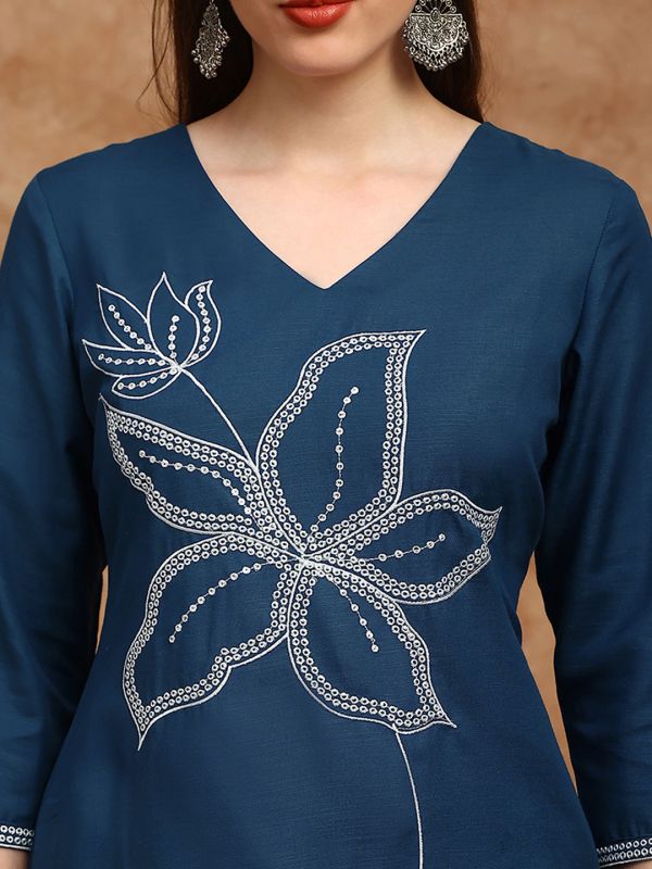 Globus Women Blue V-Neck Floral Embroidered Straight Kurta With Wide Leg Pants Set