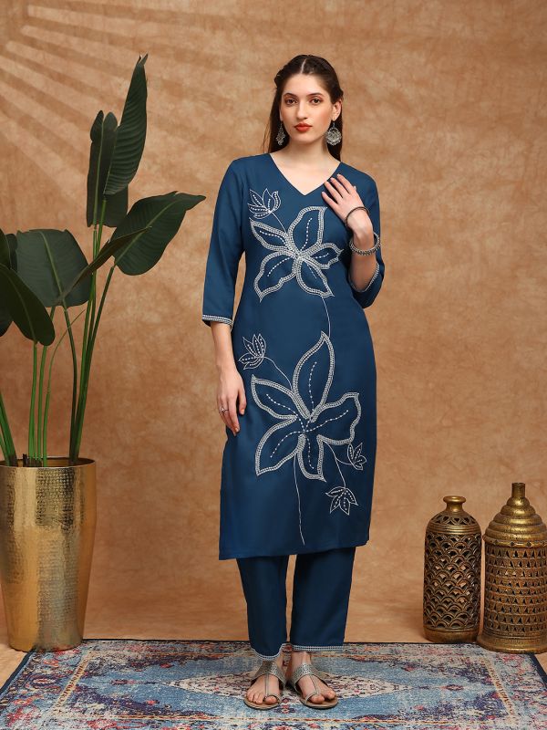 Globus Women Blue V-Neck Floral Embroidered Straight Kurta With Wide Leg Pants Set