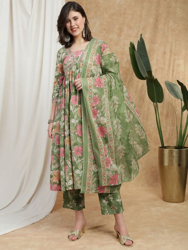 Globus Women Green Floral Print V-Neck Embroidered Gotta Lace Detail Flared Hem A-Line Kurta With Pant & Dupatta Set