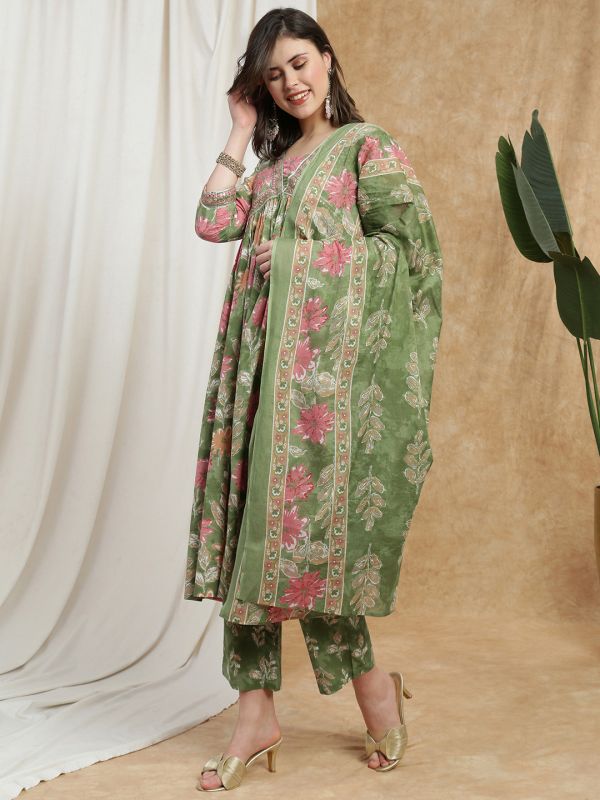 Globus Women Green Floral Print V-Neck Embroidered Gotta Lace Detail Flared Hem A-Line Kurta With Pant & Dupatta Set