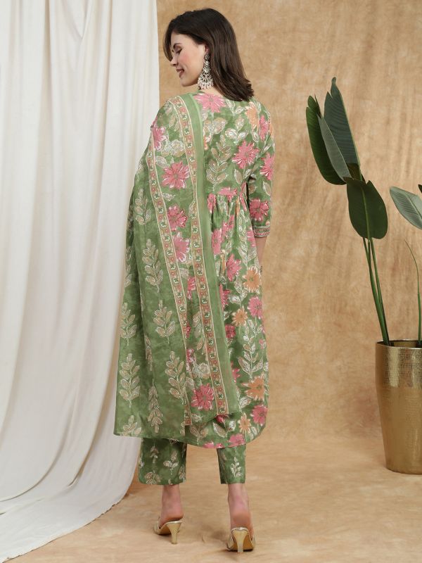 Globus Women Green Floral Print V-Neck Embroidered Gotta Lace Detail Flared Hem A-Line Kurta With Pant & Dupatta Set