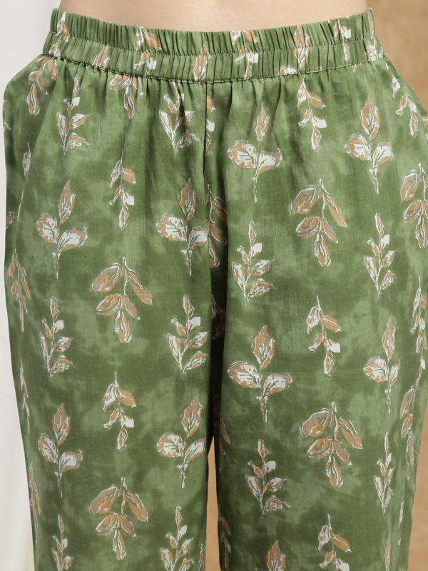 Globus Women Green Floral Print V-Neck Embroidered Gotta Lace Detail Flared Hem A-Line Kurta With Pant & Dupatta Set