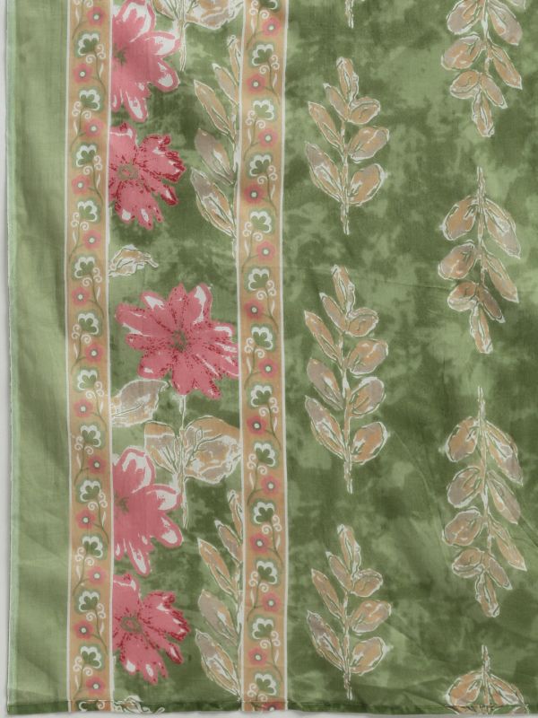 Globus Women Green Floral Print V-Neck Embroidered Gotta Lace Detail Flared Hem A-Line Kurta With Pant & Dupatta Set