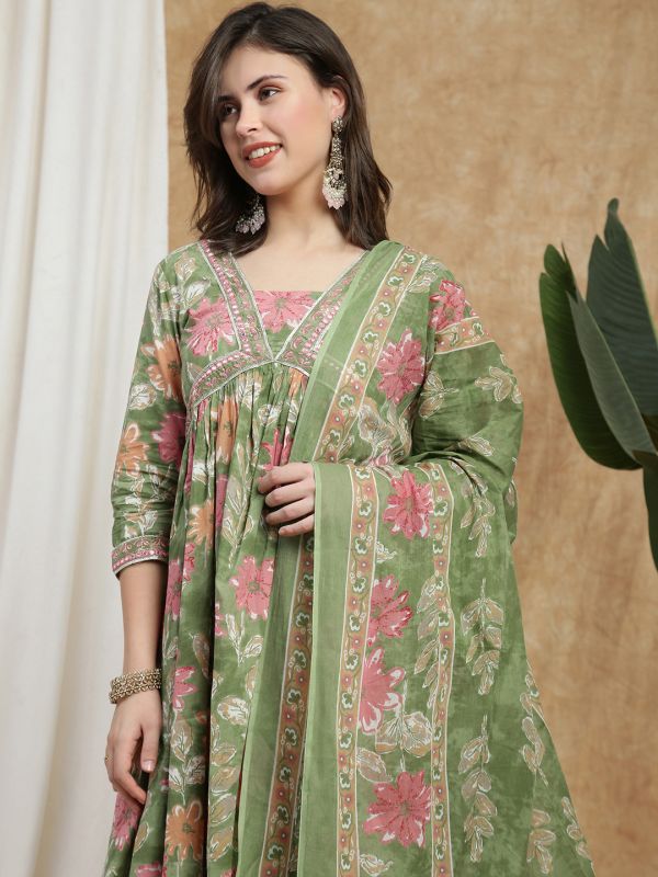 Globus Women Green Floral Print V-Neck Embroidered Gotta Lace Detail Flared Hem A-Line Kurta With Pant & Dupatta Set