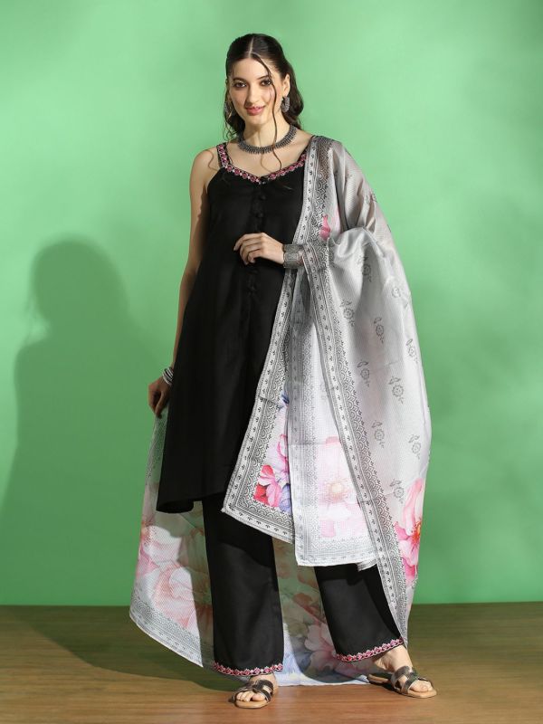 Globus Women Black Embroidered V-Neck Strappy Sleeves Front Slit Kurta With Pant & Floral Printed Dupatta Set