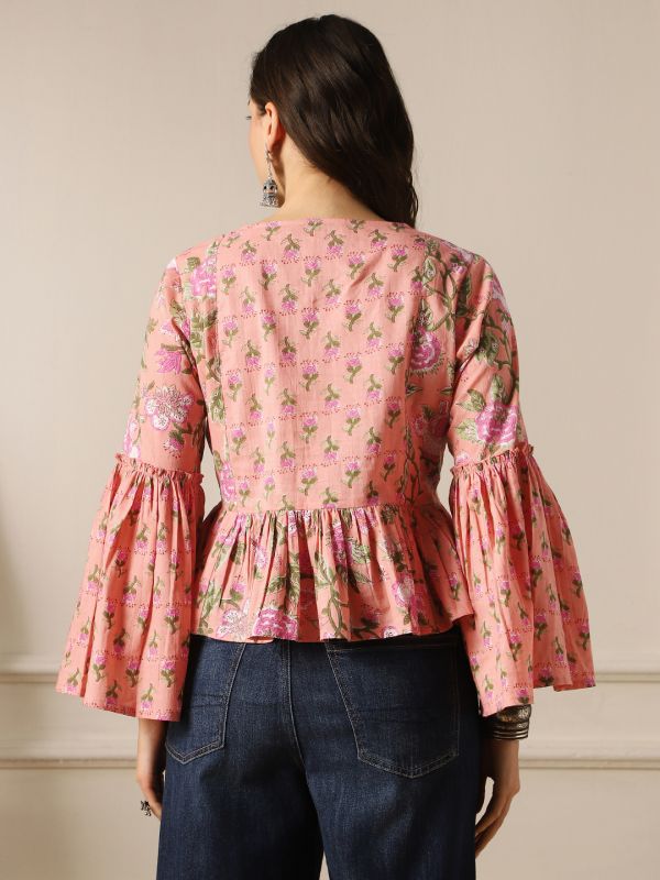Globus Women Peach V-Neck Bell Sleeves Floral Print Panelled Peplum Tunic