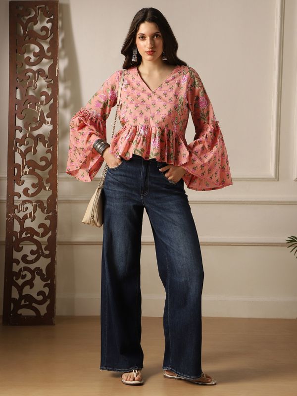 Globus Women Peach V-Neck Bell Sleeves Floral Print Panelled Peplum Tunic