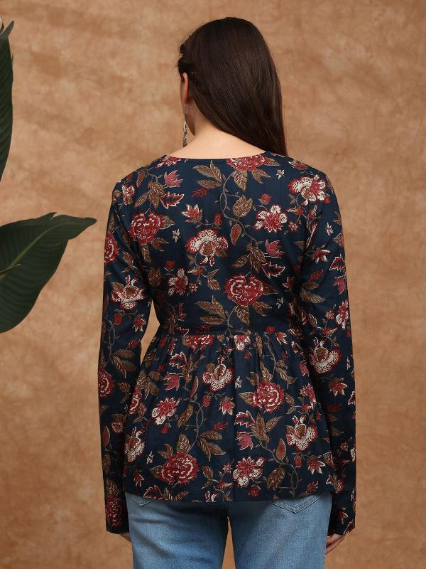 Globus Women Blue Embroidered & Mirror Work Detail V-Neck Long Sleeves Floral Print A-line Alia Cut Tunic