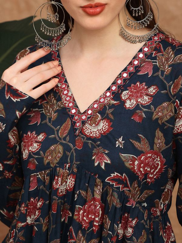 Globus Women Blue Embroidered & Mirror Work Detail V-Neck Long Sleeves Floral Print A-line Alia Cut Tunic