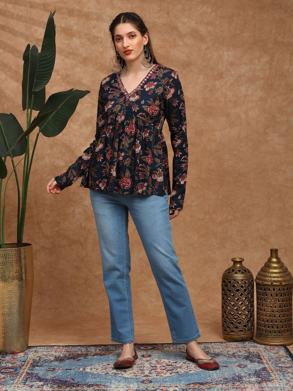 Globus Women Blue Embroidered & Mirror Work Detail V-Neck Long Sleeves Floral Print A-line Alia Cut Tunic