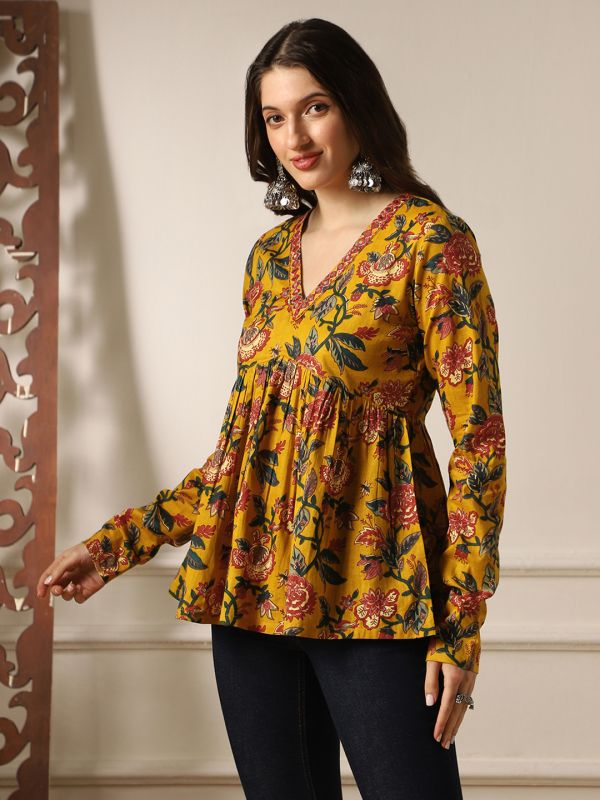 Globus Women Mustard Embroidered & Mirror Work Detail V-Neck Long Sleeves Floral Print A-Line Aliya Cut Tunic