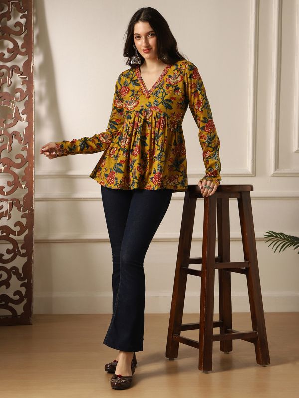 Globus Women Mustard Embroidered & Mirror Work Detail V-Neck Long Sleeves Floral Print A-Line Aliya Cut Tunic