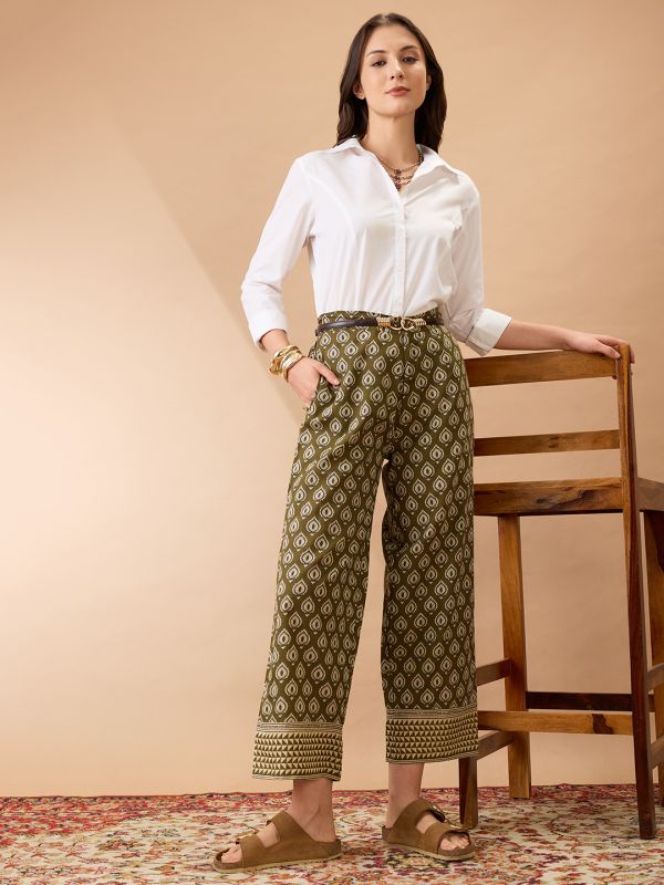 Globus Women Olive Ethnic Print Mid-Rise Straight Fit Fusion Trousers