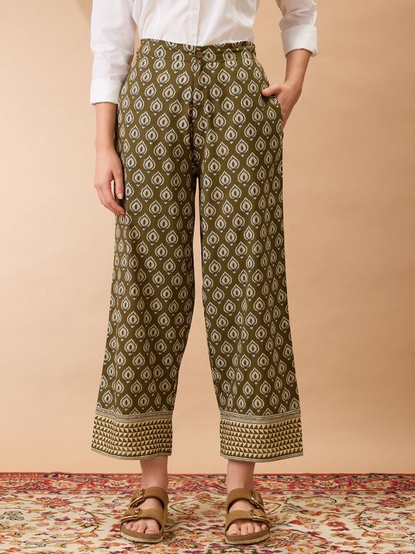 Globus Women Olive Ethnic Print Mid-Rise Straight Fit Fusion Trousers