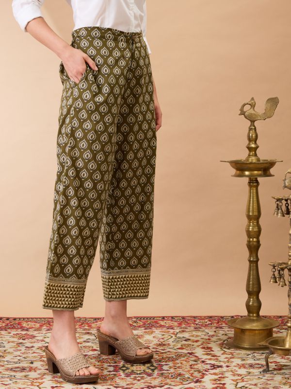 Globus Women Olive Ethnic Print Mid-Rise Straight Fit Fusion Trousers