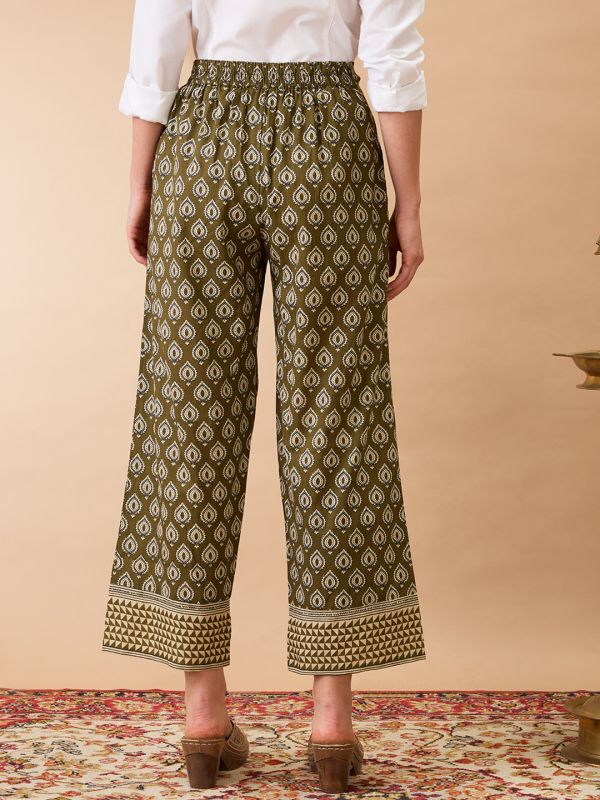 Globus Women Olive Ethnic Print Mid-Rise Straight Fit Fusion Trousers