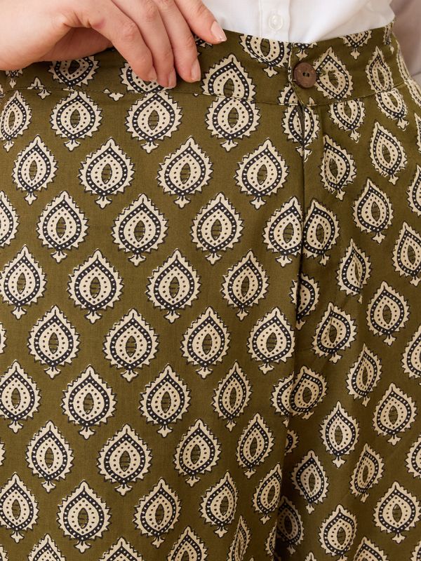 Globus Women Olive Ethnic Print Mid-Rise Straight Fit Fusion Trousers