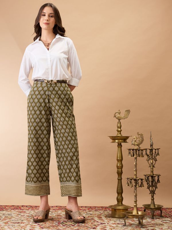Globus Women Olive Ethnic Print Mid-Rise Straight Fit Fusion Trousers