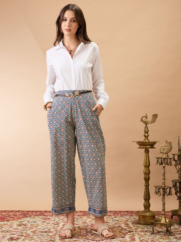 Globus Women Indigo Ethnic Print Mid-Rise Straight Fit Fusion Trousers