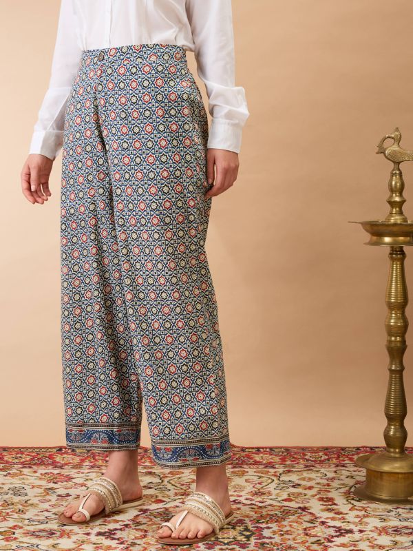 Globus Women Indigo Ethnic Print Mid-Rise Straight Fit Fusion Trousers