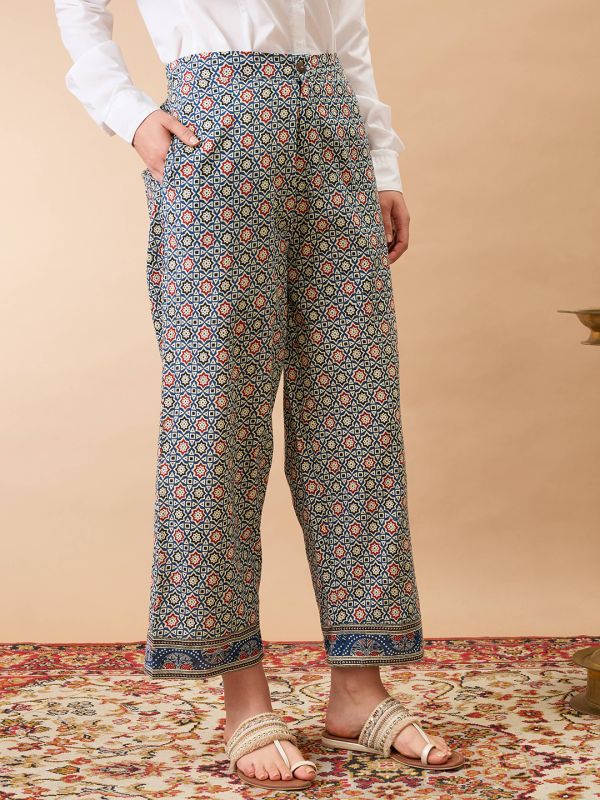 Globus Women Indigo Ethnic Print Mid-Rise Straight Fit Fusion Trousers