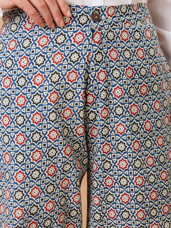 Globus Women Indigo Ethnic Print Mid-Rise Straight Fit Fusion Trousers