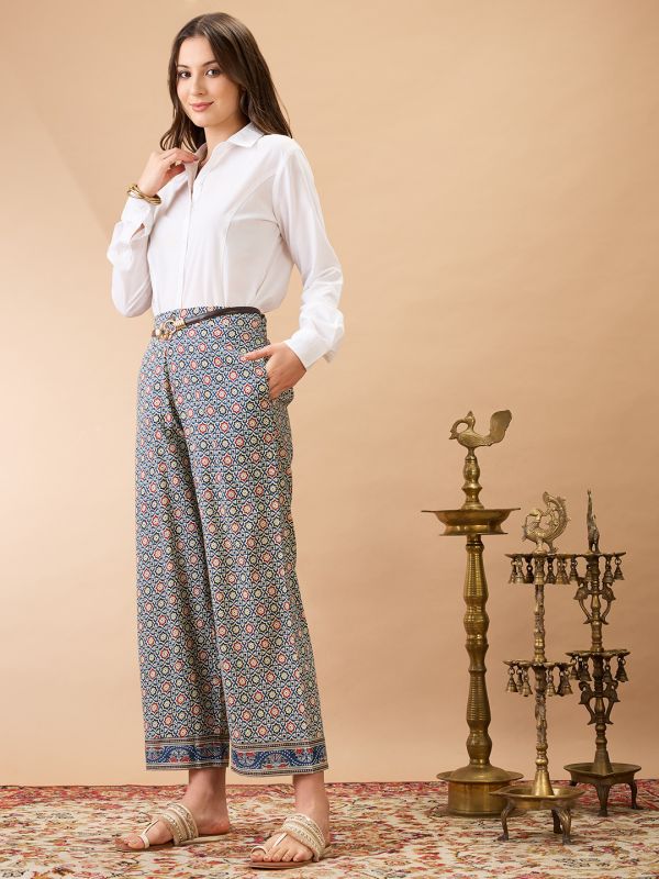 Globus Women Indigo Ethnic Print Mid-Rise Straight Fit Fusion Trousers