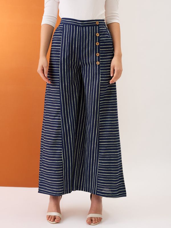 Globus Women Indigo Variegated Stripes Button Detail Mid-Rise Flared Fusion Palazzos