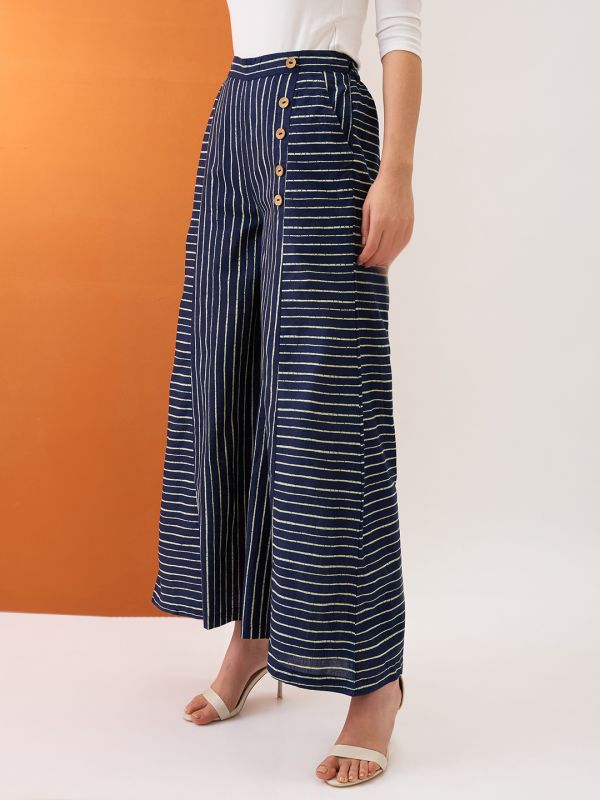 Globus Women Indigo Variegated Stripes Button Detail Mid-Rise Flared Fusion Palazzos