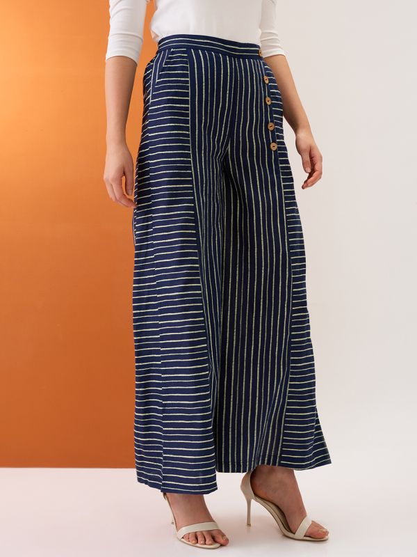 Globus Women Indigo Variegated Stripes Button Detail Mid-Rise Flared Fusion Palazzos